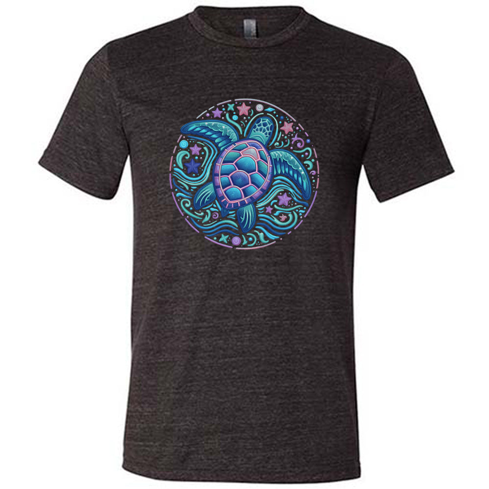 Black colored shirt with a colorful turtle graphic on it