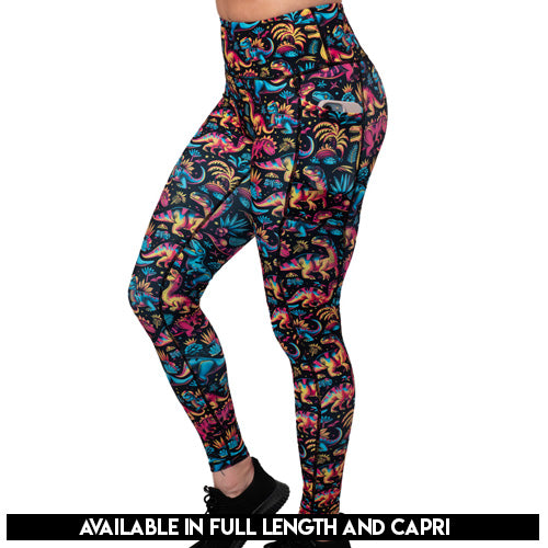 colorful dino print leggings available in full and capri length