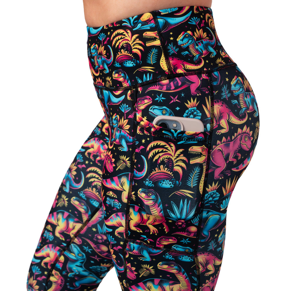 side pocket on the colorful dino print leggings