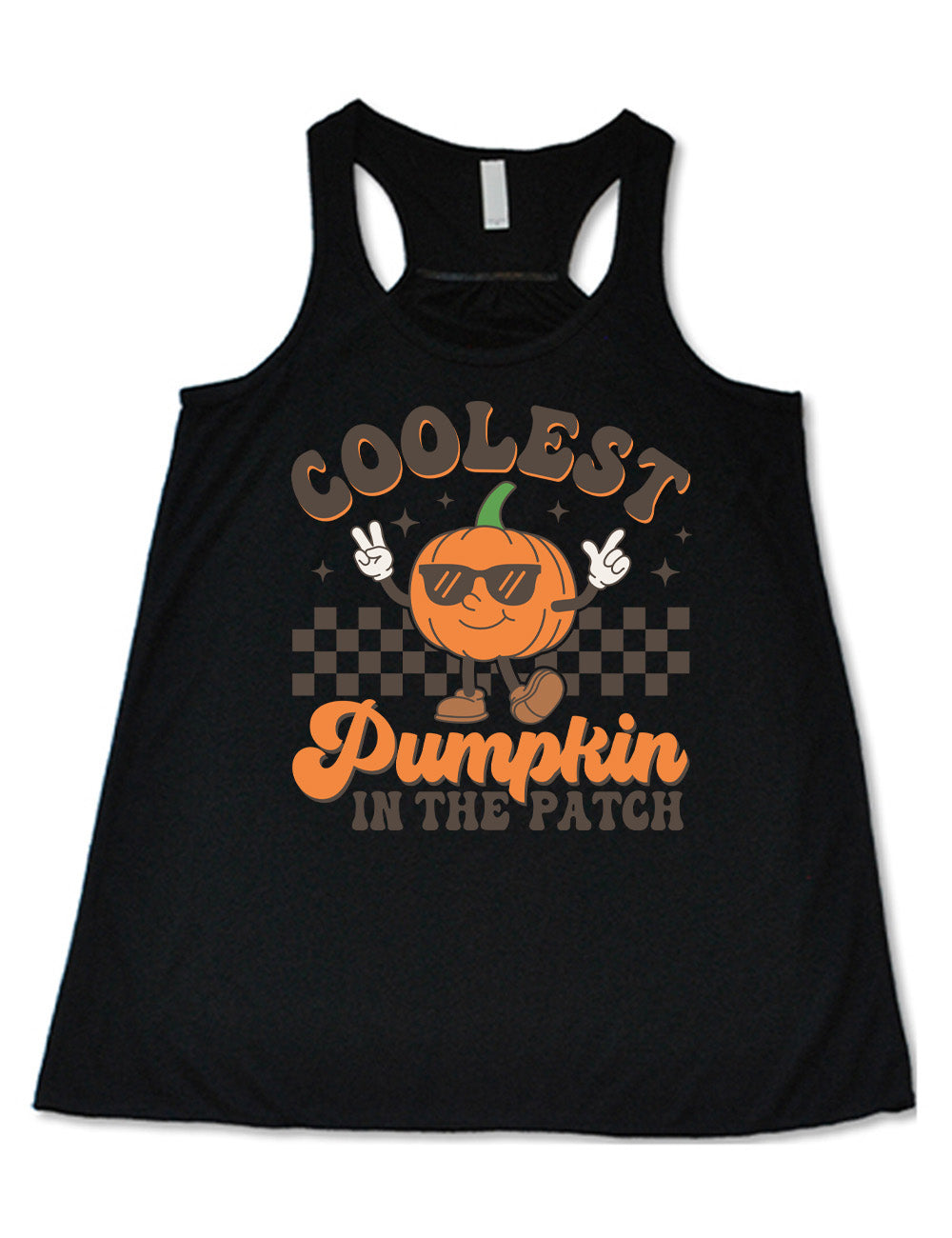black flowy racerback tank with the graphic of a pumpkin, wearing sunglasses, both arms raised, foot kicking out, in front of a checkered banner, surrounded by a few little stars, with the words around it saying "coolest pumpkin in the patch"