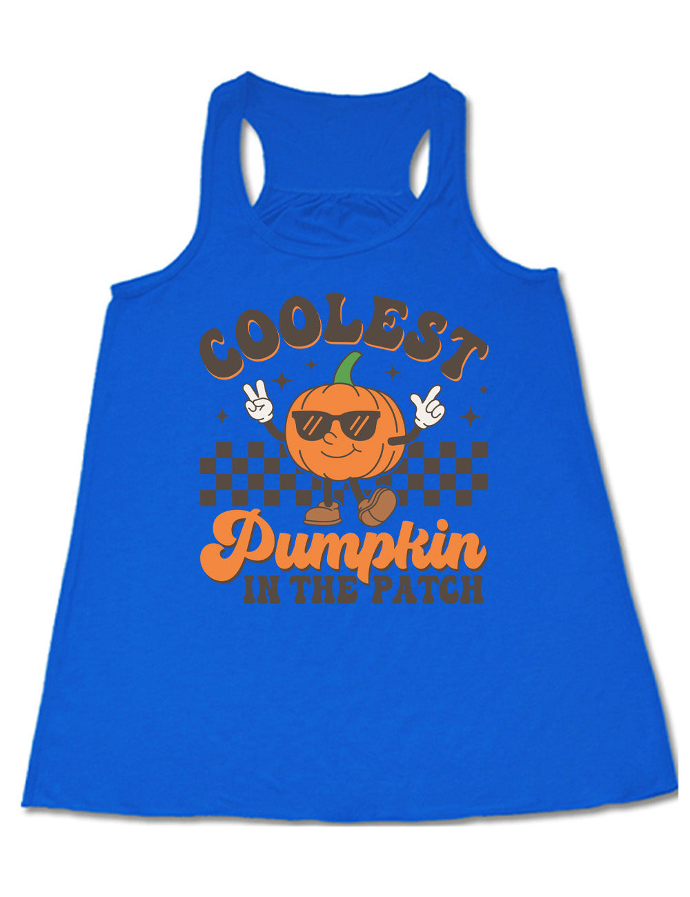 blue flowy racerback tank with the graphic of a pumpkin, wearing sunglasses, both arms raised, foot kicking out, in front of a checkered banner, surrounded by a few little stars, with the words around it saying "coolest pumpkin in the patch"