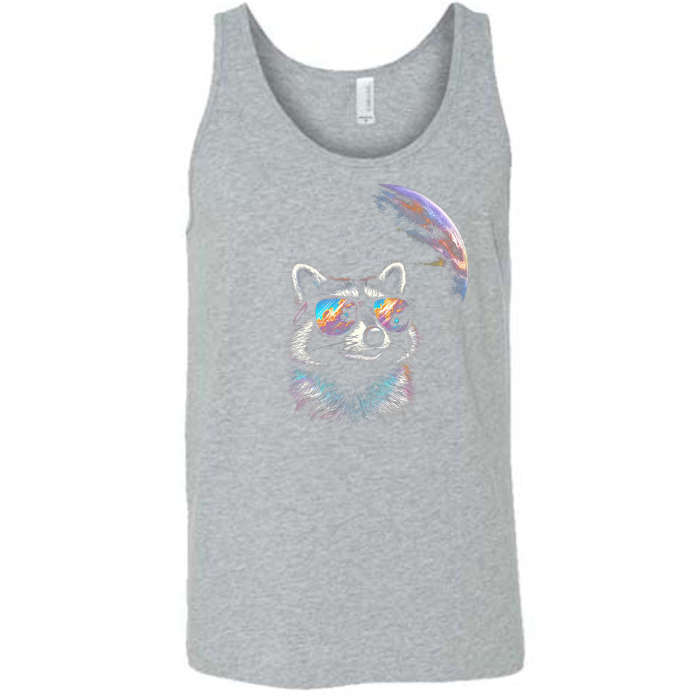 Grey colored tank with a raccoon looking into space graphic on it