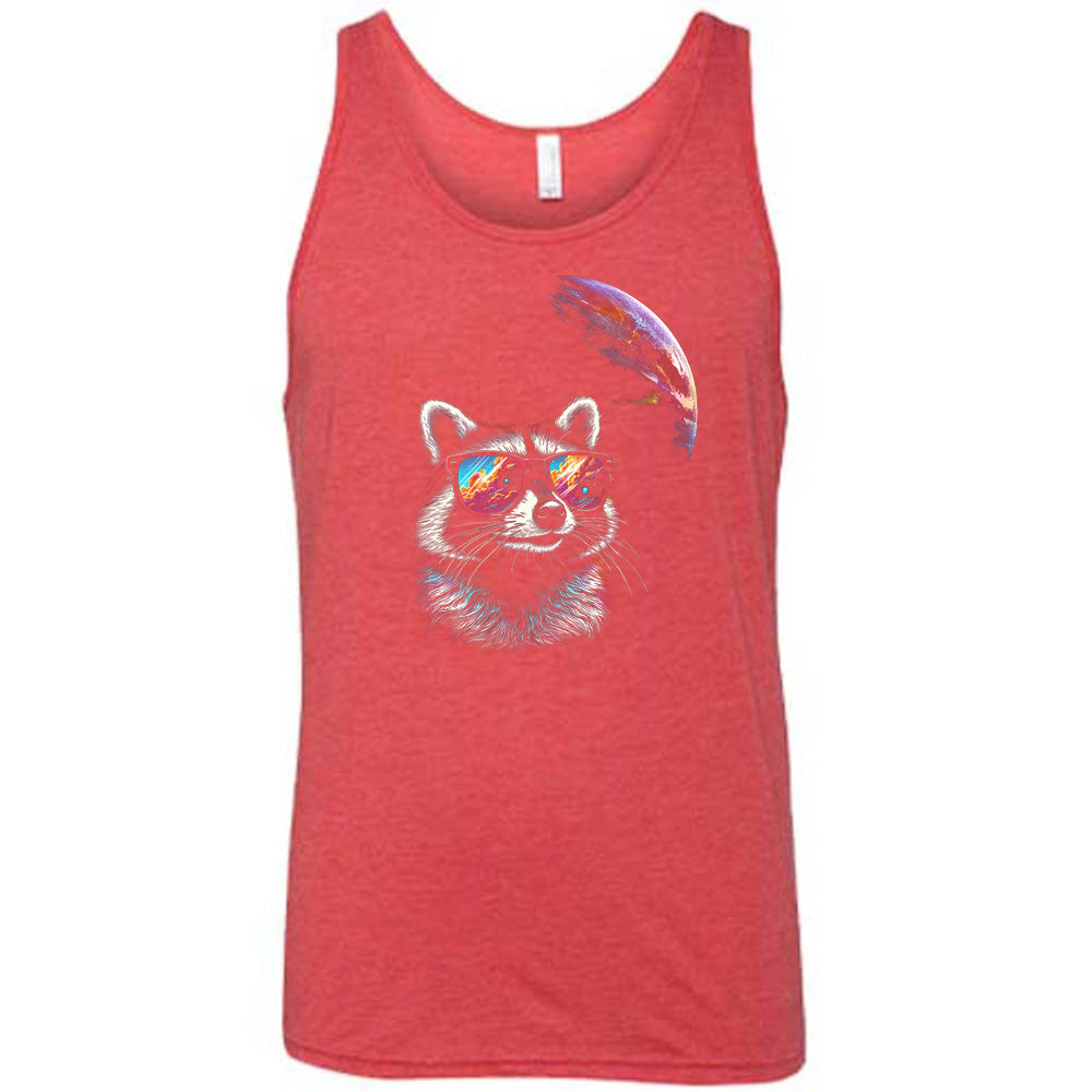 Red colored tank with a raccoon looking into space graphic on it