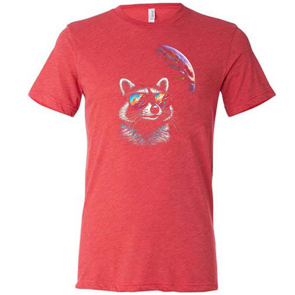 Red colored shirt with a raccoon looking into space graphic on it