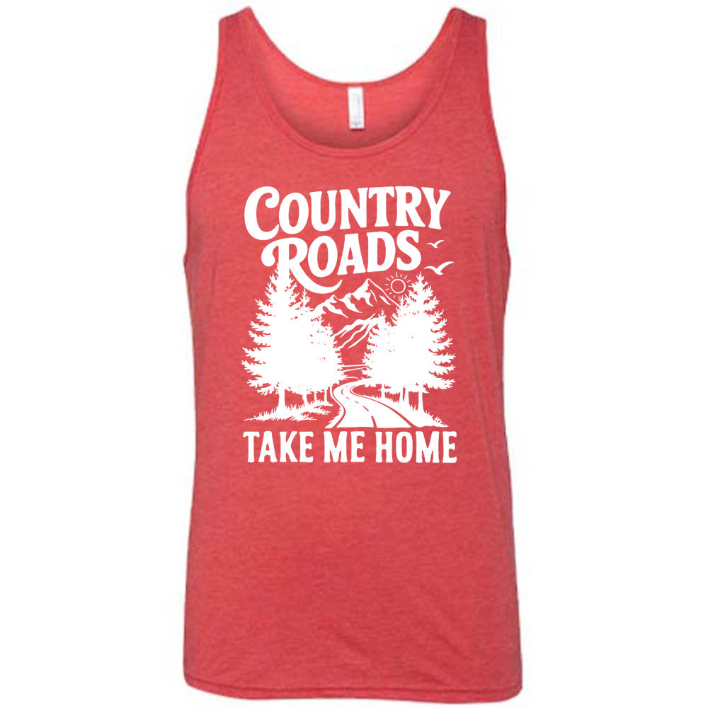 red unisex tank with the words "country roads take me home" on it, and the graphic of a road going through tall trees, with mountains beyond, and the sun