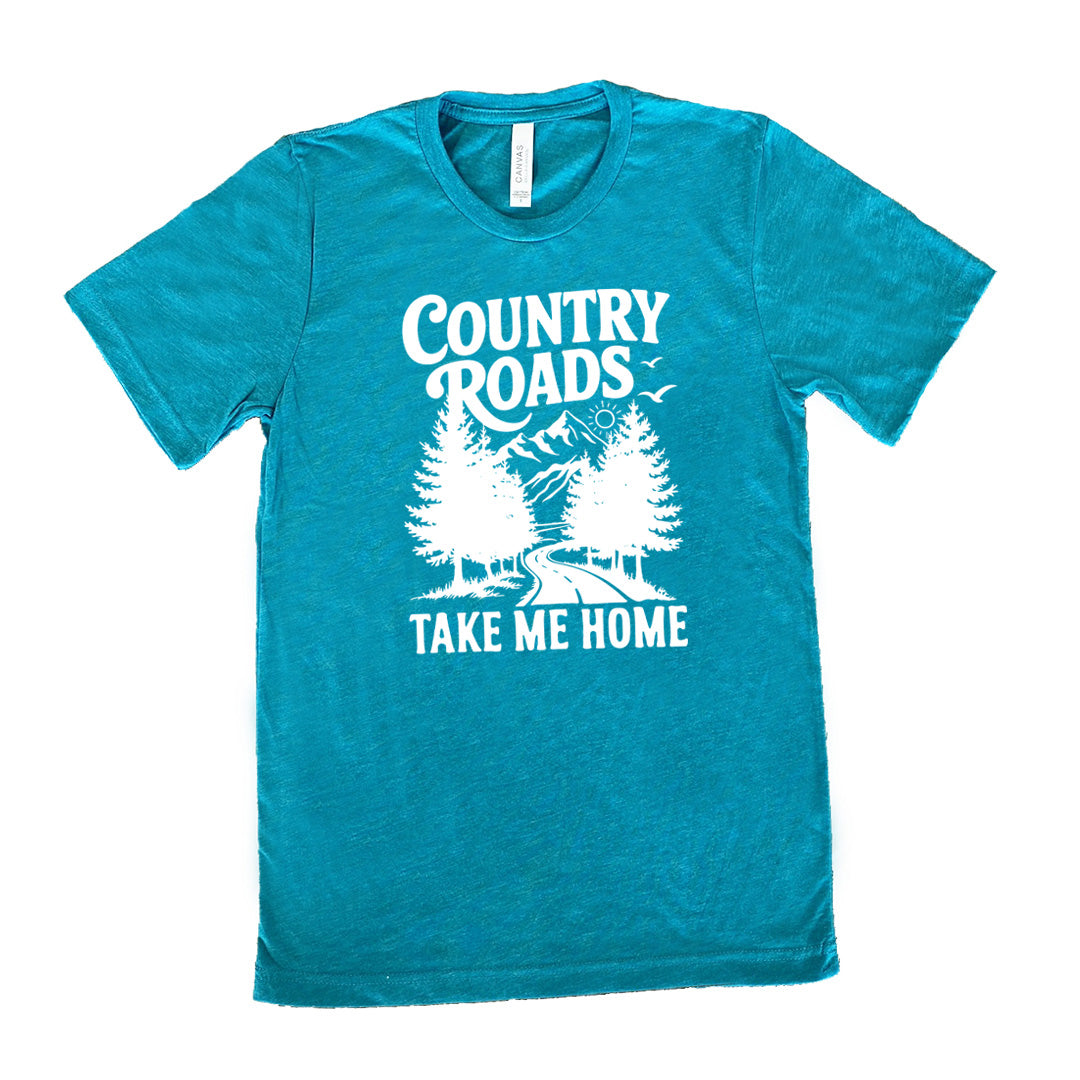 teal unisex tee with the words "country roads take me home" on it, and the graphic of a road going through tall trees, with mountains beyond, and the sun