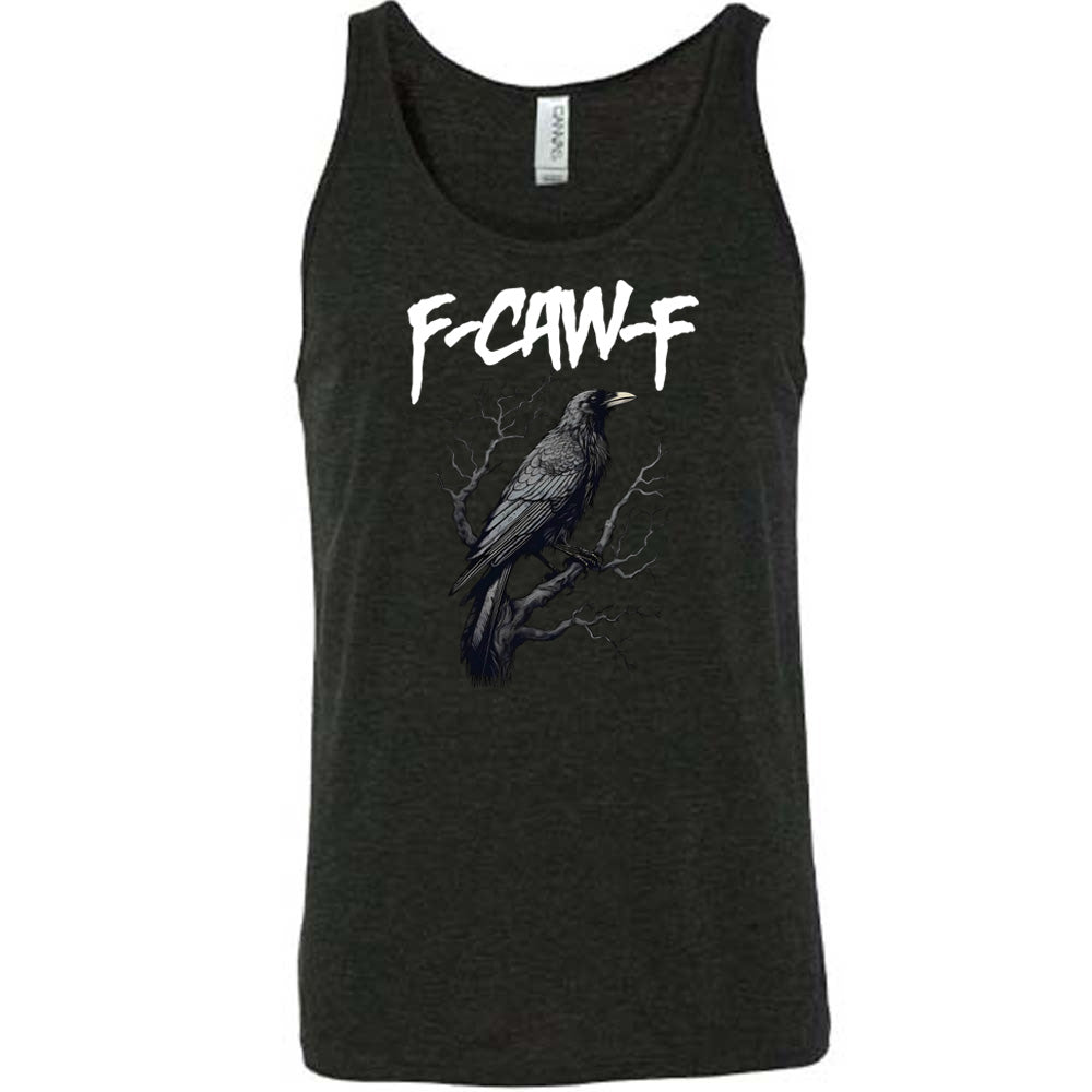 Black colored tank with crow on branch graphic on it that says "F-CAW-F"