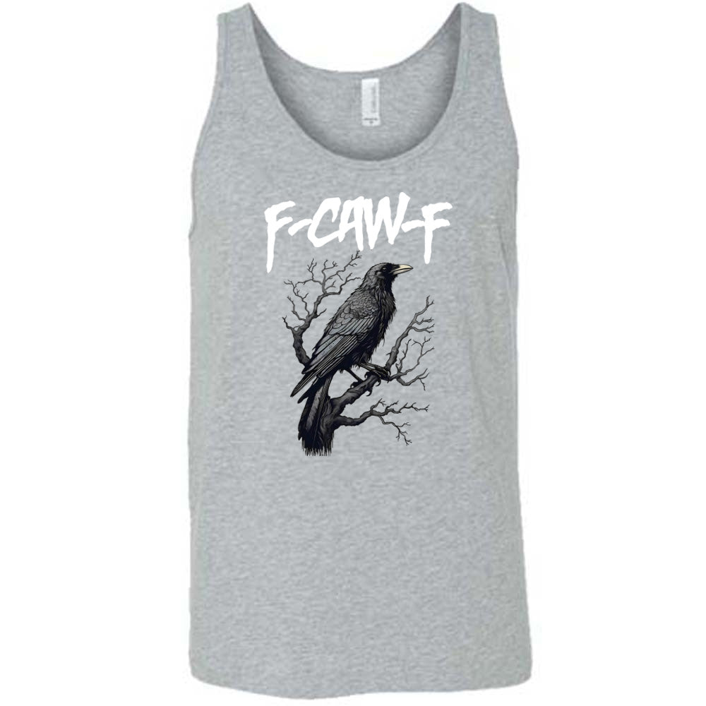 Grey colored tank with crow on branch graphic on it that says "F-CAW-F"