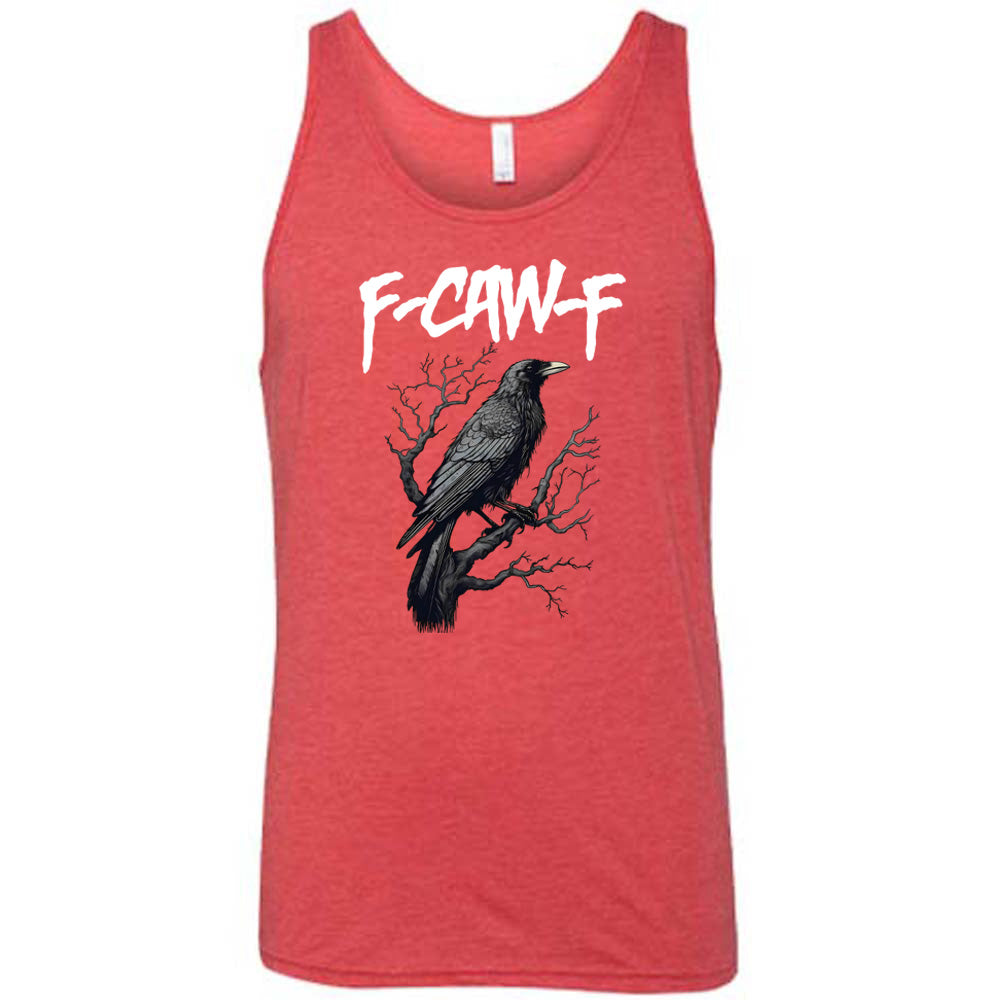 Red colored tank with crow on branch graphic on it that says "F-CAW-F"