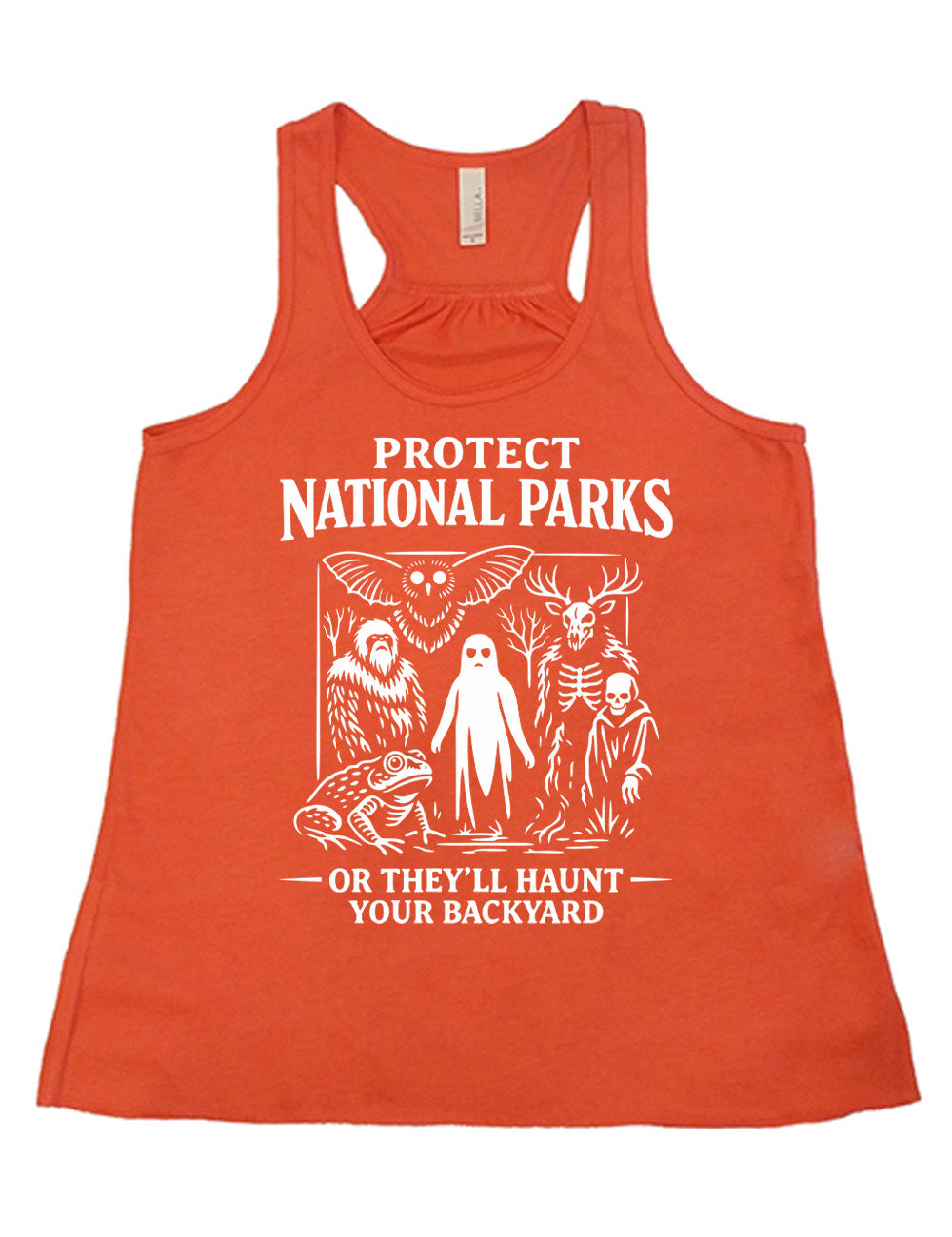 coral flowy racerback tank with the words on it saying "Protect National Parks" and a graphic of various cryptids, and underneath words saying "or they'll haunt your backyard"