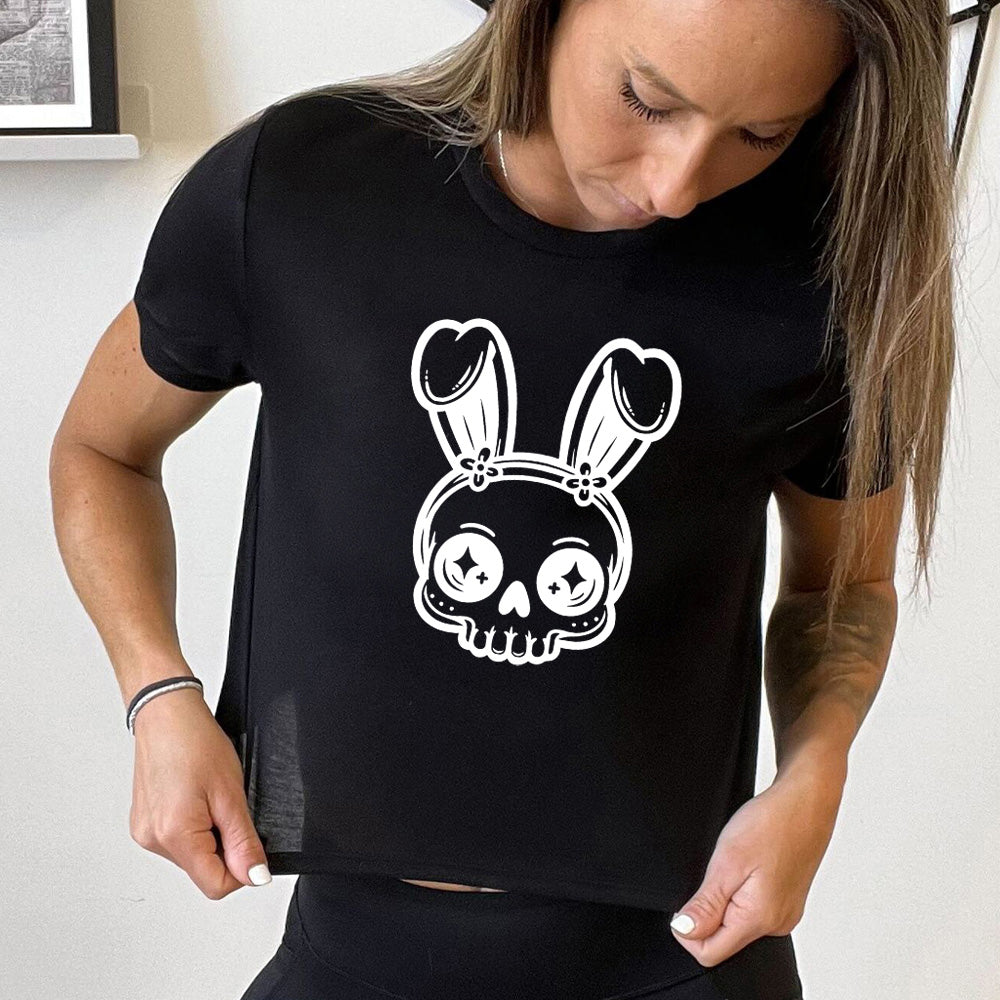 Black colored cropped tee with a bunny skull graphic on it