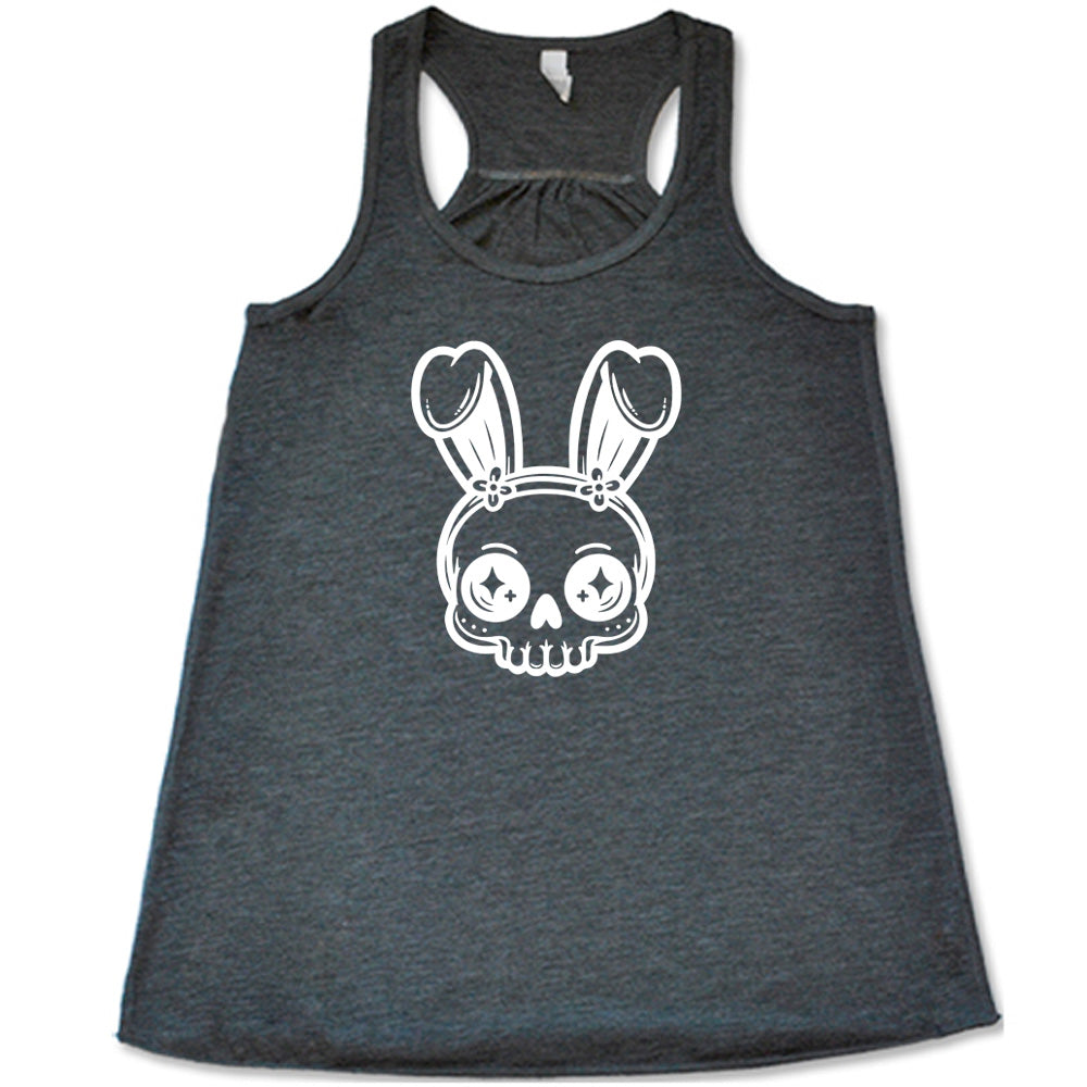 Grey colored flowy tank with a bunny skull graphic on it