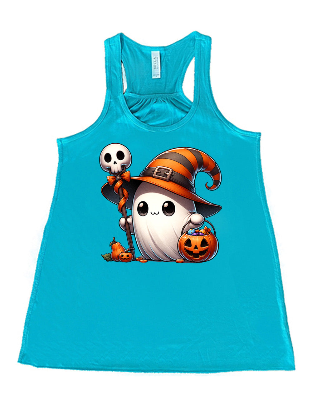 teal flowy racerback tank with the graphic of a cute ghost wearing a striped witch hat, holding a candy-filly jack-o-lantern basket as well as a staff with a skull on top and a bow with ribbon, all next to a tiny gourd and a jack-o-lantern