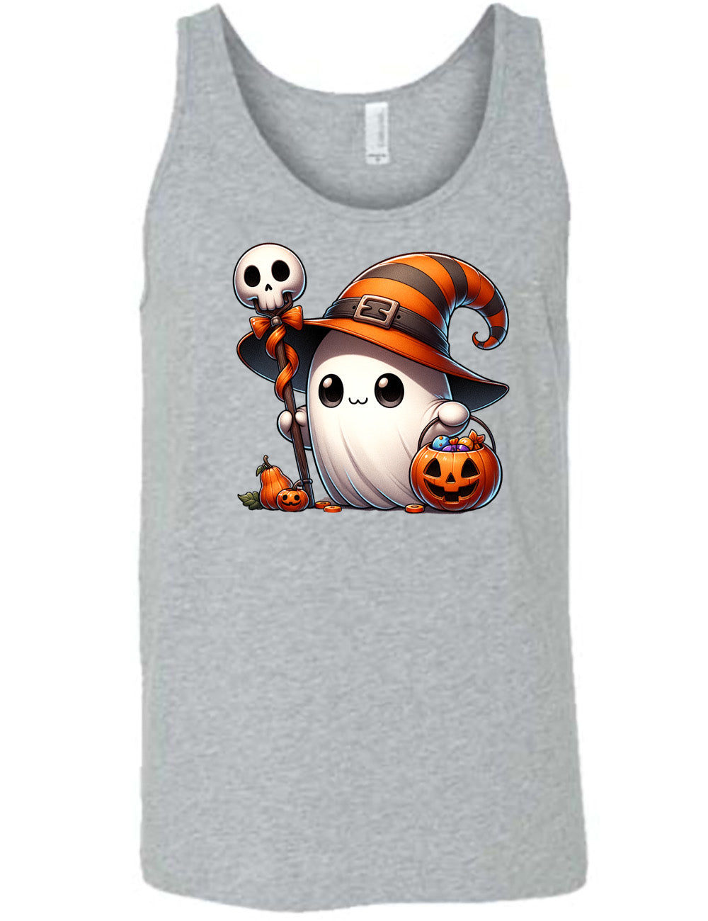 grey unisex tank with the graphic of a cute ghost wearing a striped witch hat, holding a candy-filly jack-o-lantern basket as well as a staff with a skull on top and a bow with ribbon, all next to a tiny gourd and a jack-o-lantern