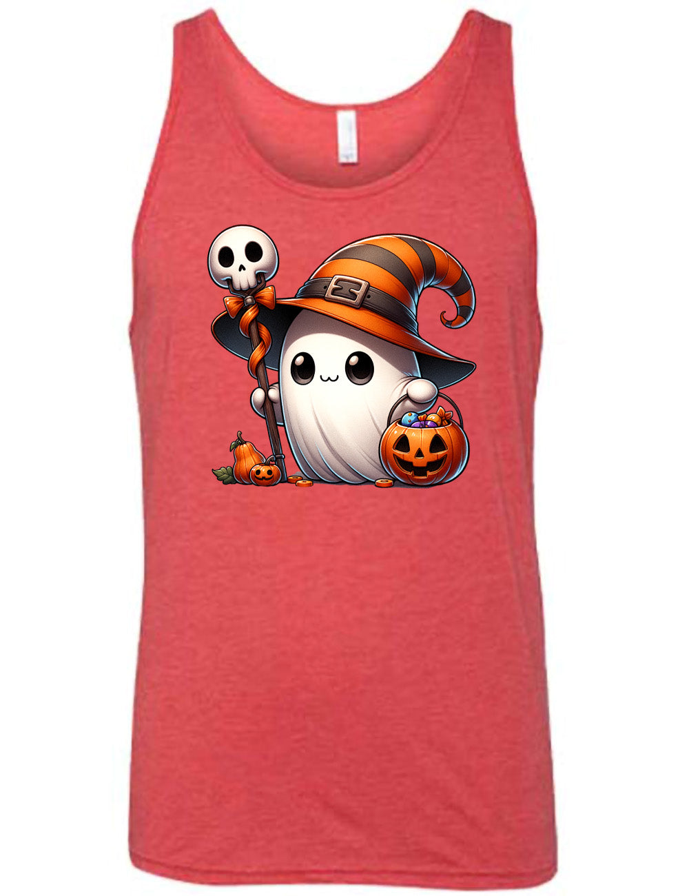 red unisex tank with the graphic of a cute ghost wearing a striped witch hat, holding a candy-filly jack-o-lantern basket as well as a staff with a skull on top and a bow with ribbon, all next to a tiny gourd and a jack-o-lantern