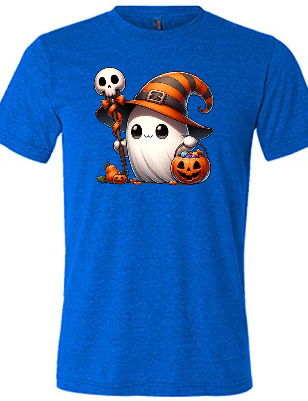 blue unisex tee with the graphic of a cute ghost wearing a striped witch hat, holding a candy-filly jack-o-lantern basket as well as a staff with a skull on top and a bow with ribbon, all next to a tiny gourd and a jack-o-lantern
