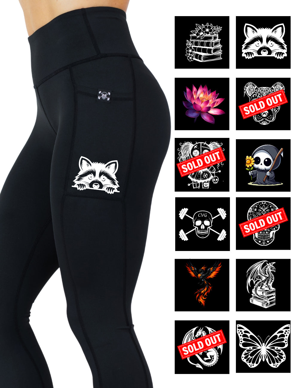Black leggings with a pocket featuring a dragon design, surrounded by various graphic designs on a white background.