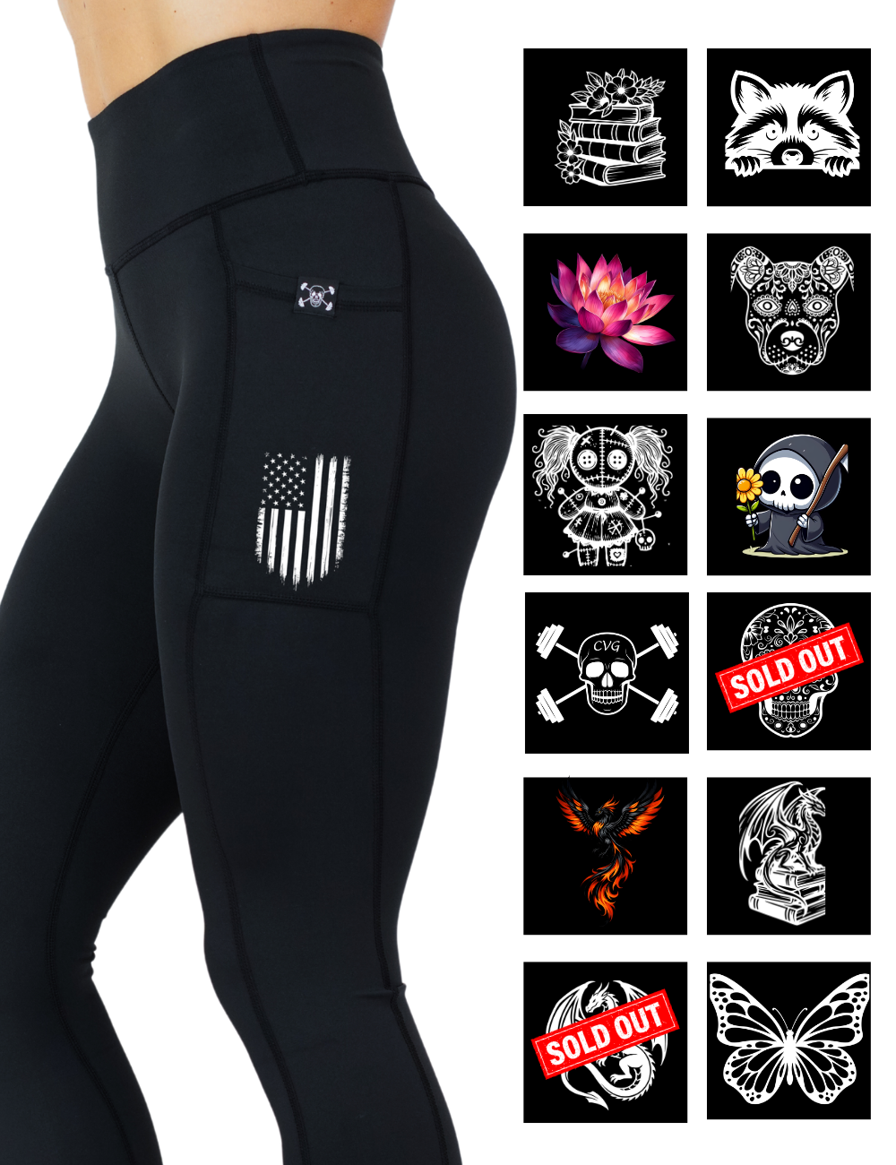 Black leggings with a pocket featuring a dragon design, surrounded by various graphic designs on a white background.