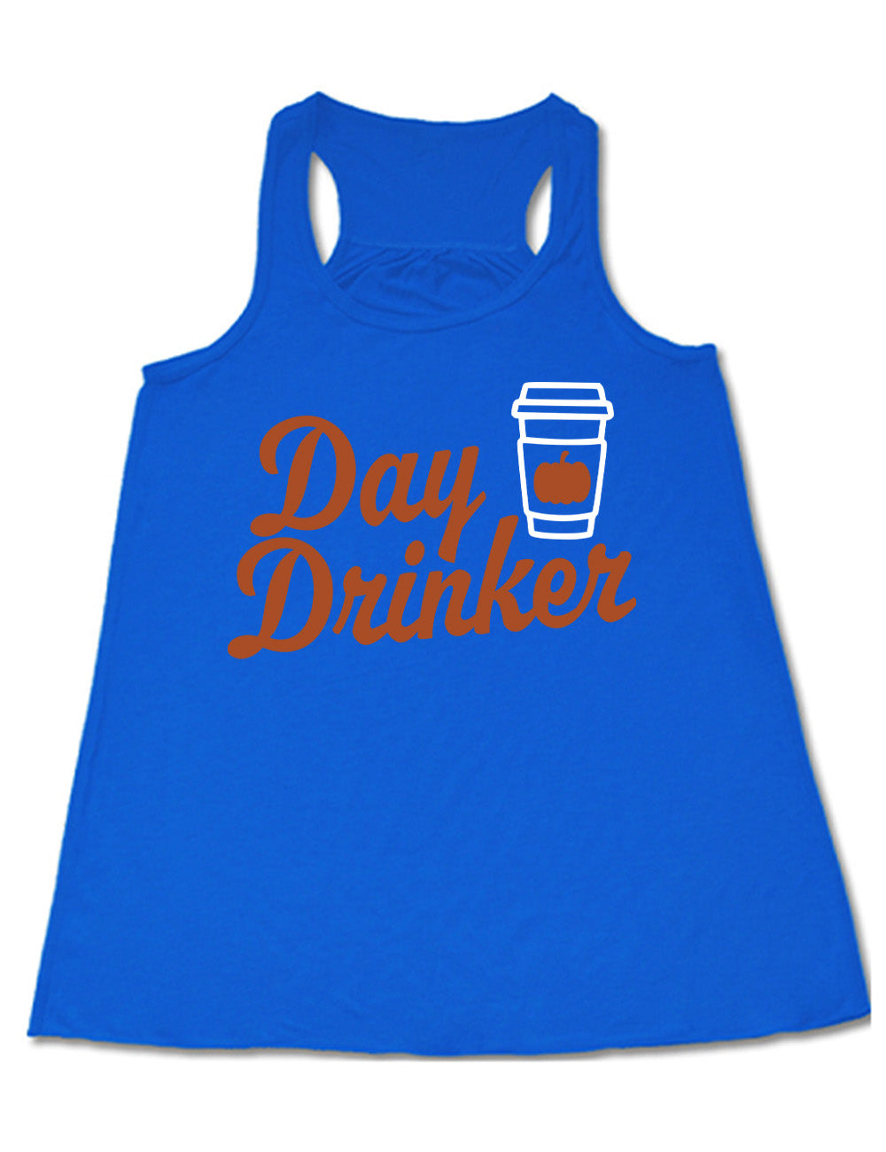 blue flowy racerback tank with the words "day drinker" on it, with the graphic of a takeaway coffee cup with a pumpkin on the cup's sleeve