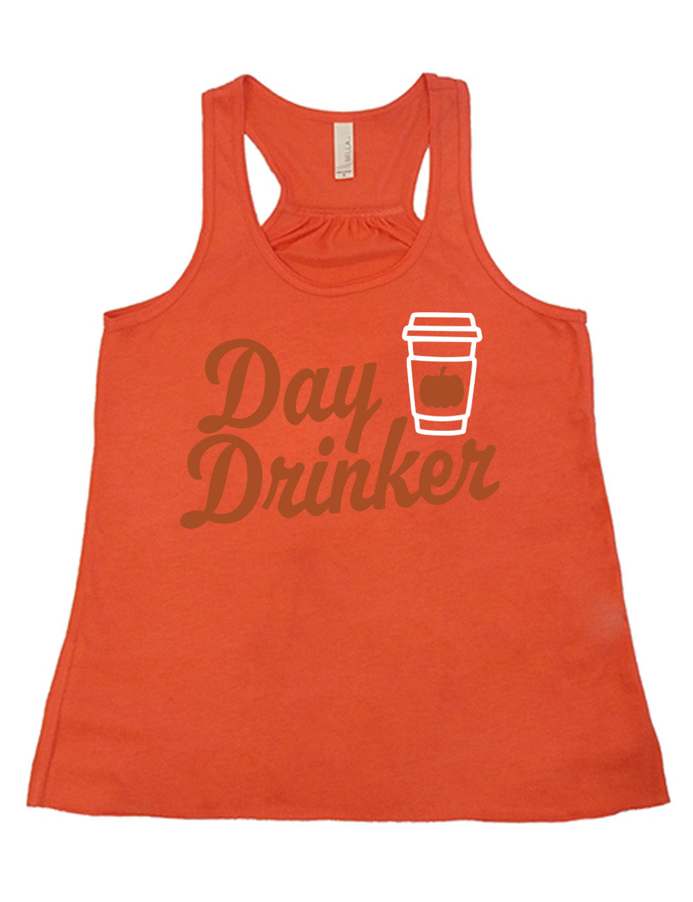 coral flowy racerback tank with the words "day drinker" on it, with the graphic of a takeaway coffee cup with a pumpkin on the cup's sleeve