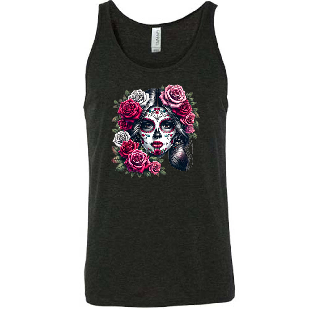 black shirt with a Day Of The Dead graphic on it