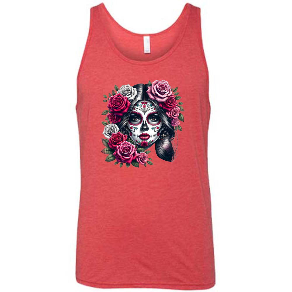 red shirt with a Day Of The Dead graphic on it