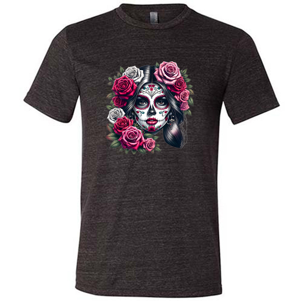 black shirt with a Day Of The Dead graphic on it