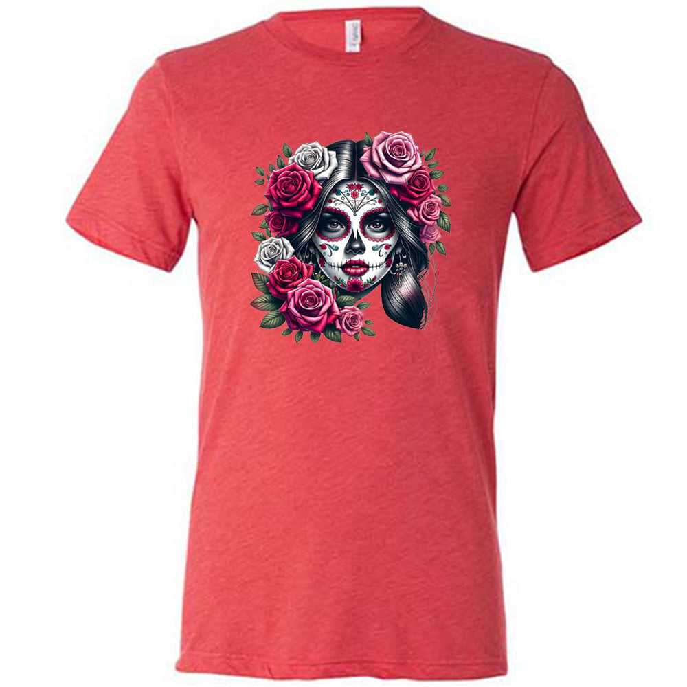 red shirt with a Day Of The Dead graphic on it