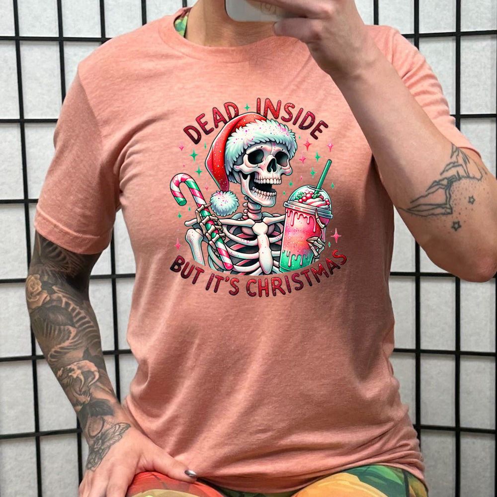 coral shirt with the text "Dead Inside But Its Christmas" on it