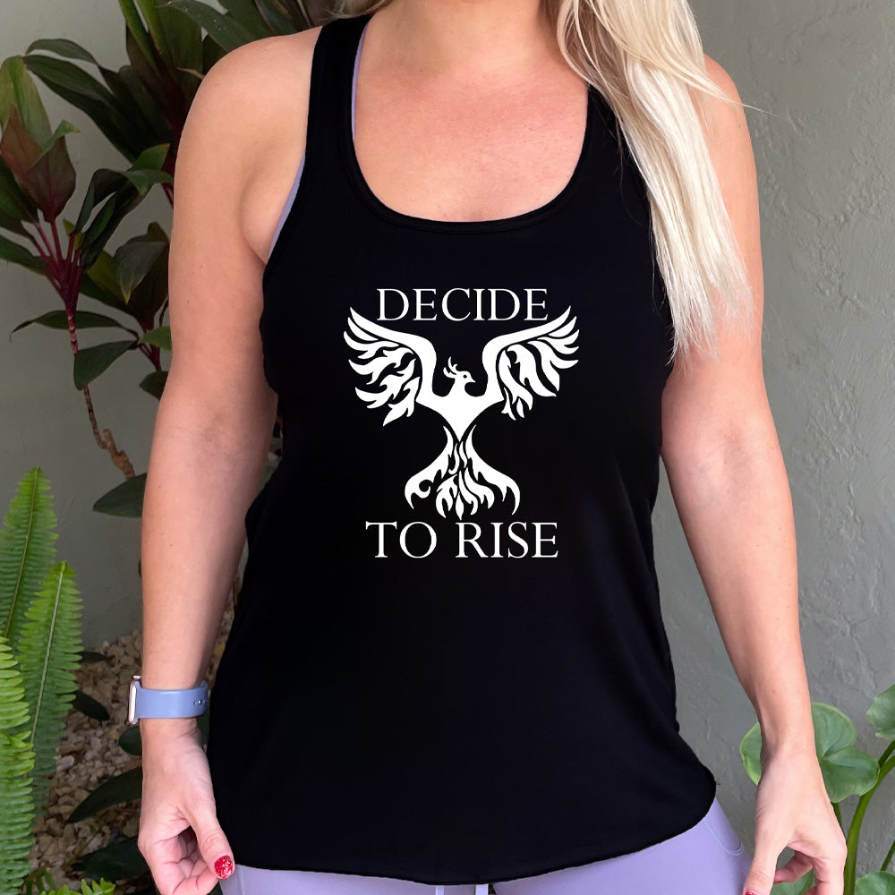black shirt with the text "decide to rise" on it