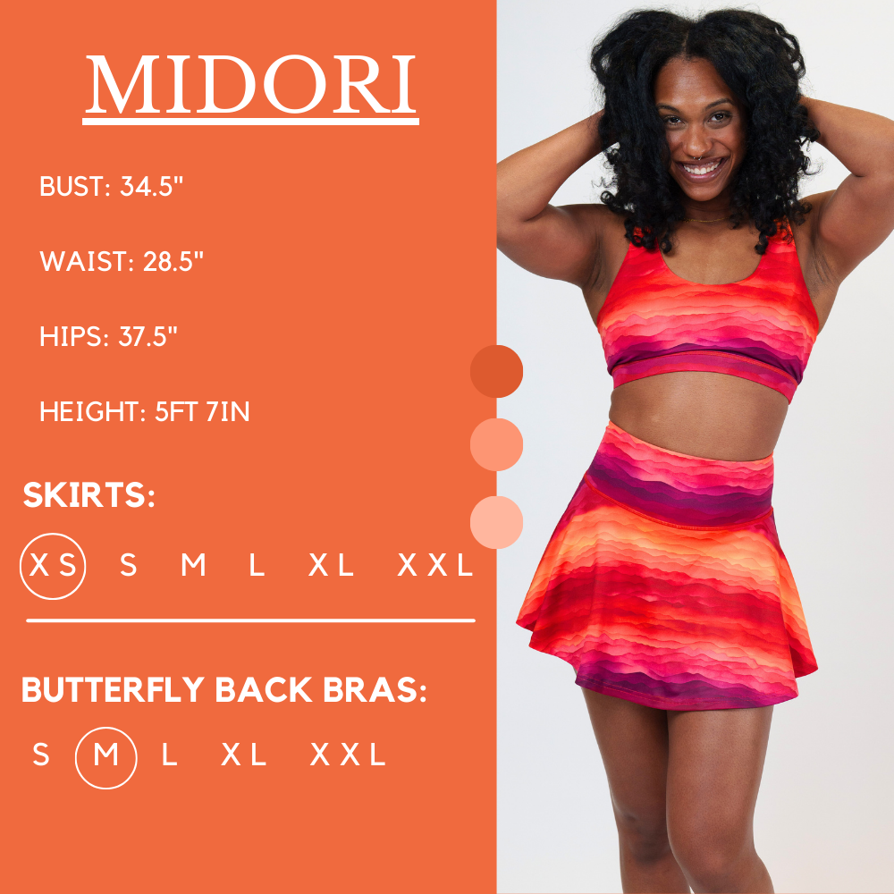 Model’s measurements of 34.5” bust, 28.5” waist, 37.5” hips and height of 5 ft 7 inches. She is wearing a size xs in the skirt