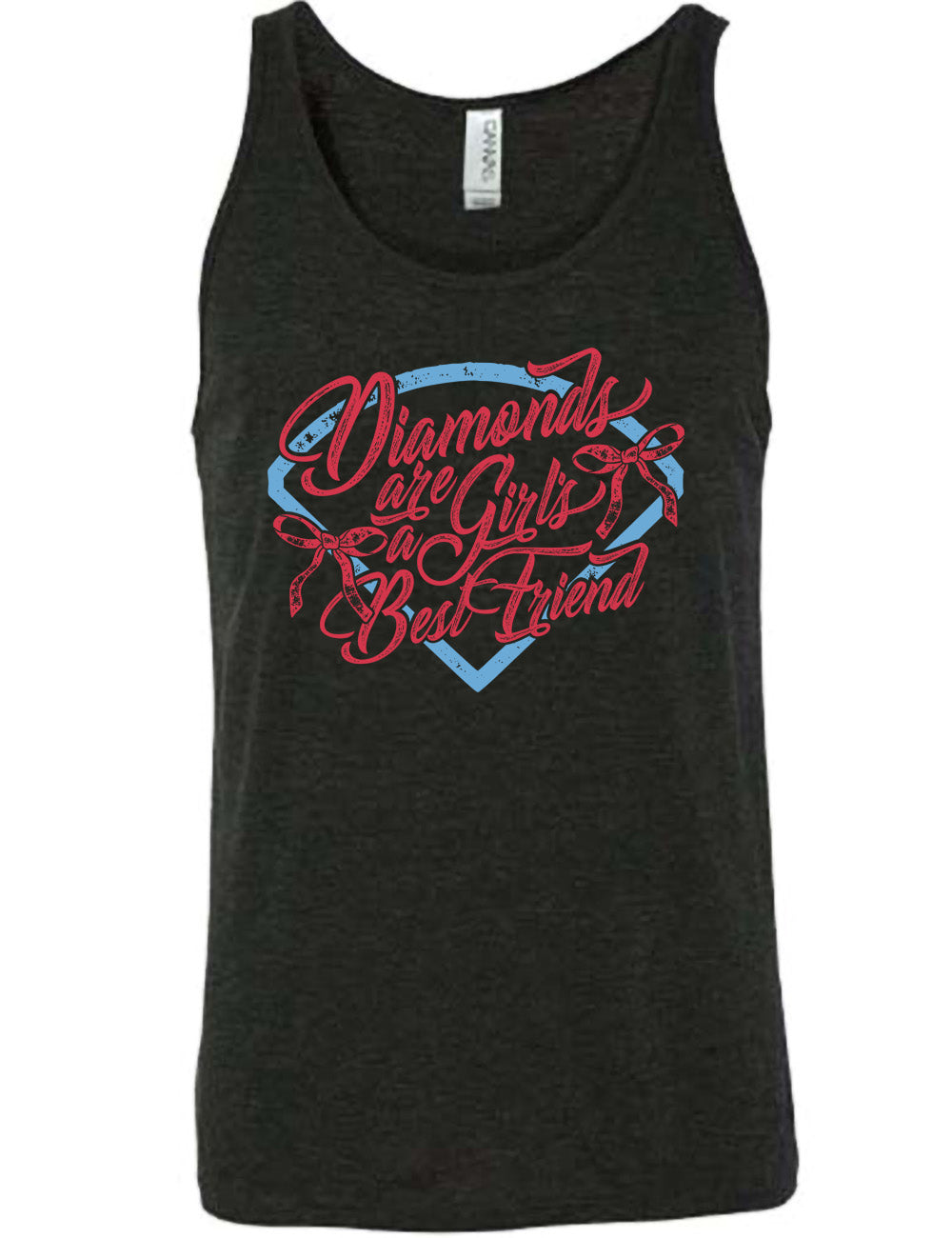 black unisex tank with the words "diamonds are a girl's best friend" on it, with two bows, all in front of a baseball diamond