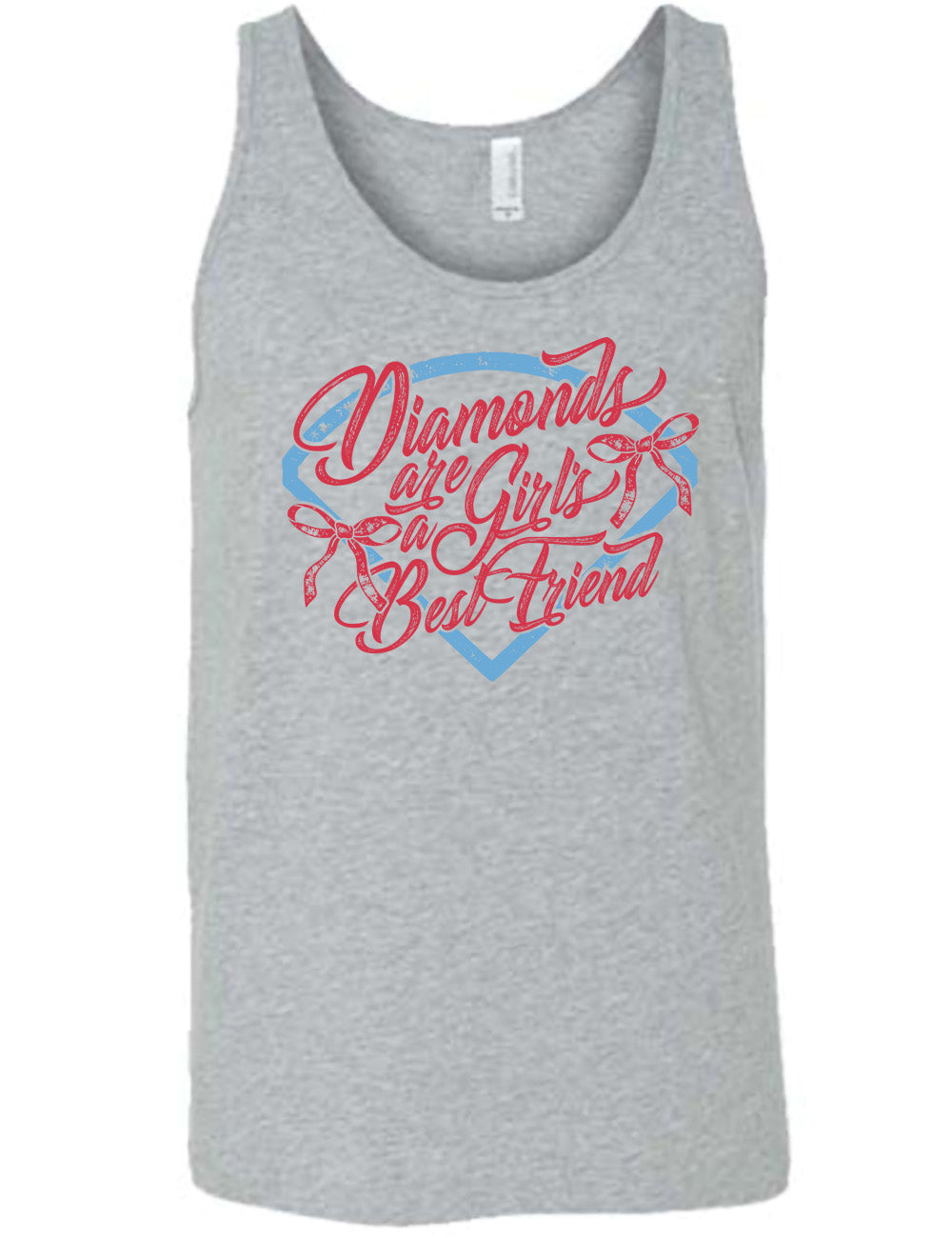 grey unisex tank with the words "diamonds are a girl's best friend" on it, with two bows, all in front of a baseball diamond