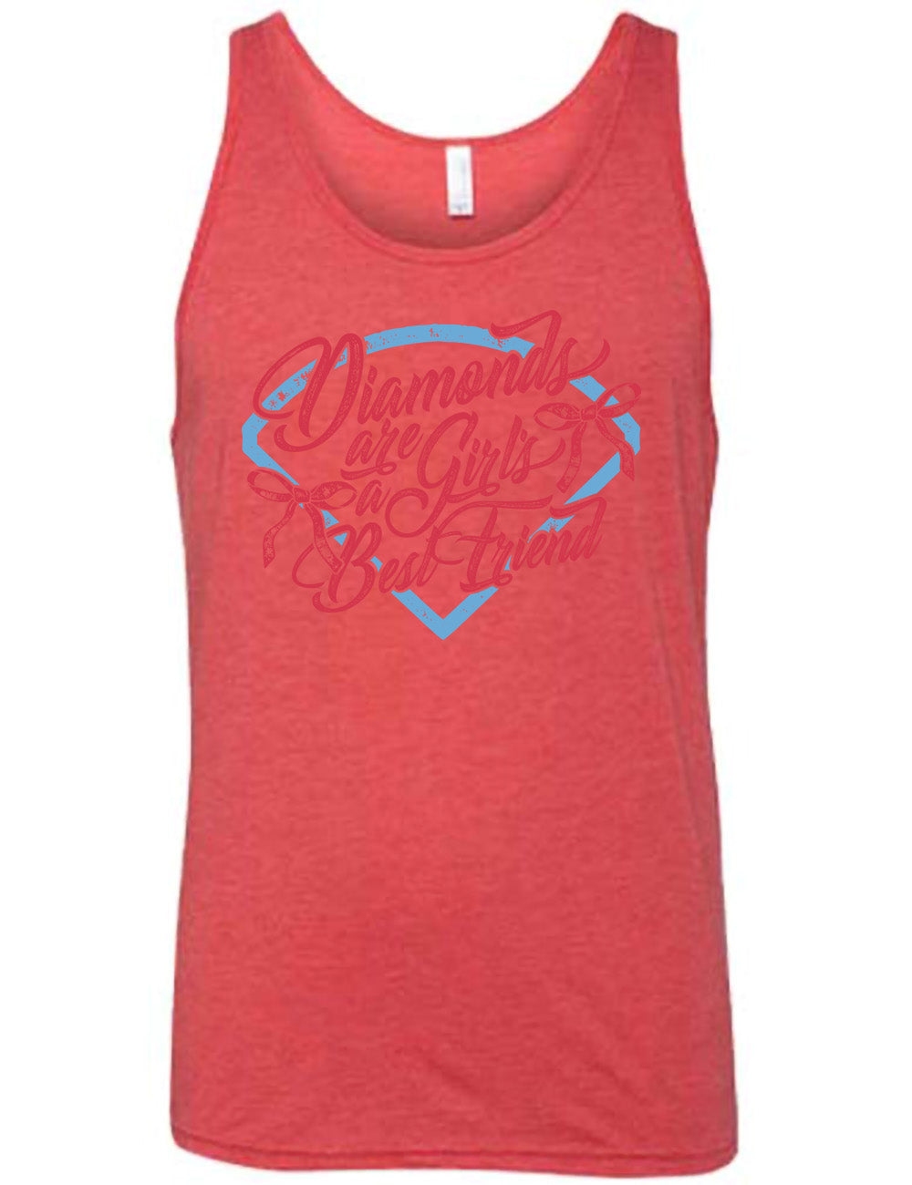 red unisex tank with the words "diamonds are a girl's best friend" on it, with two bows, all in front of a baseball diamond