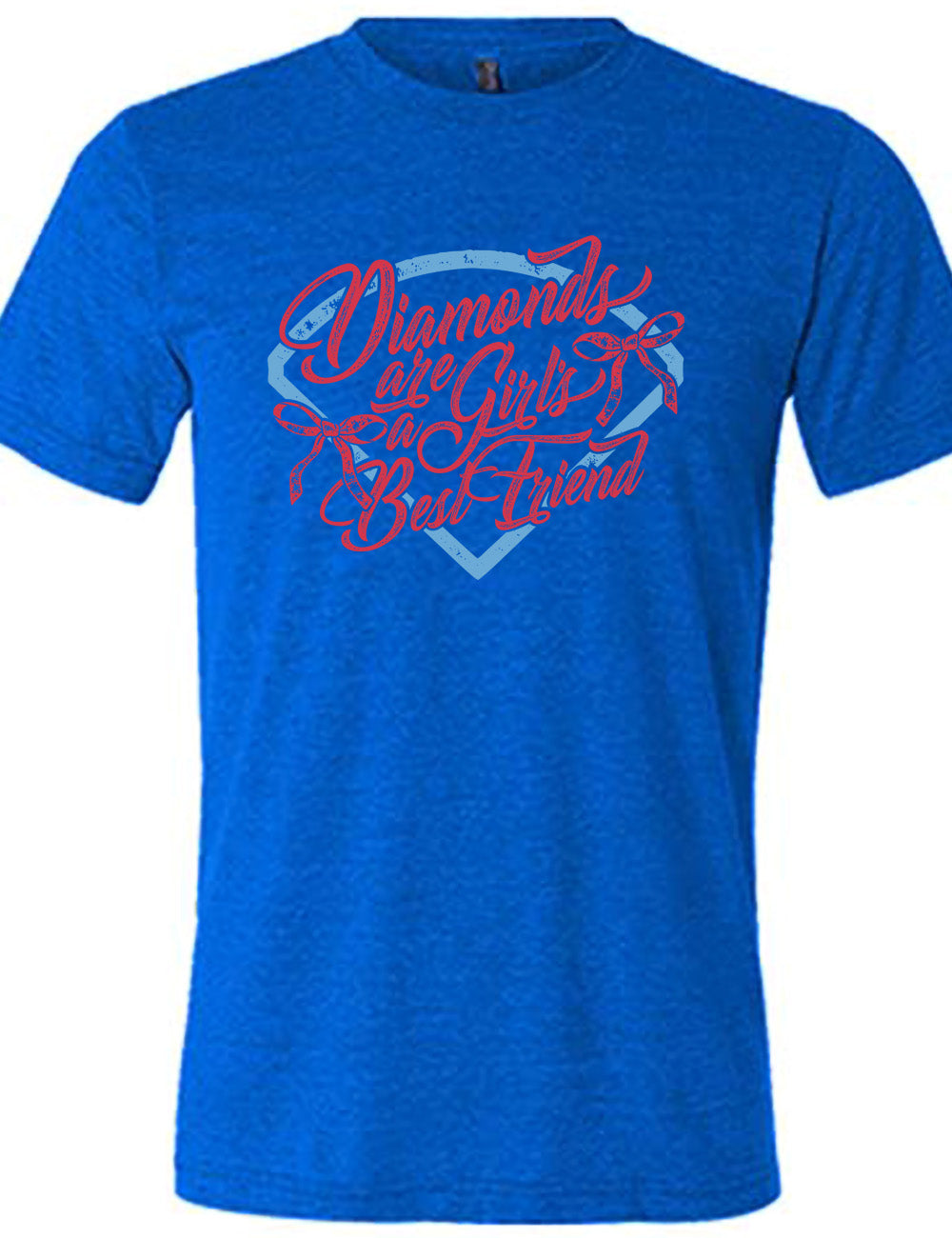 blue unisex tee with the words "diamonds are a girl's best friend" on it, with two bows, all in front of a baseball diamond