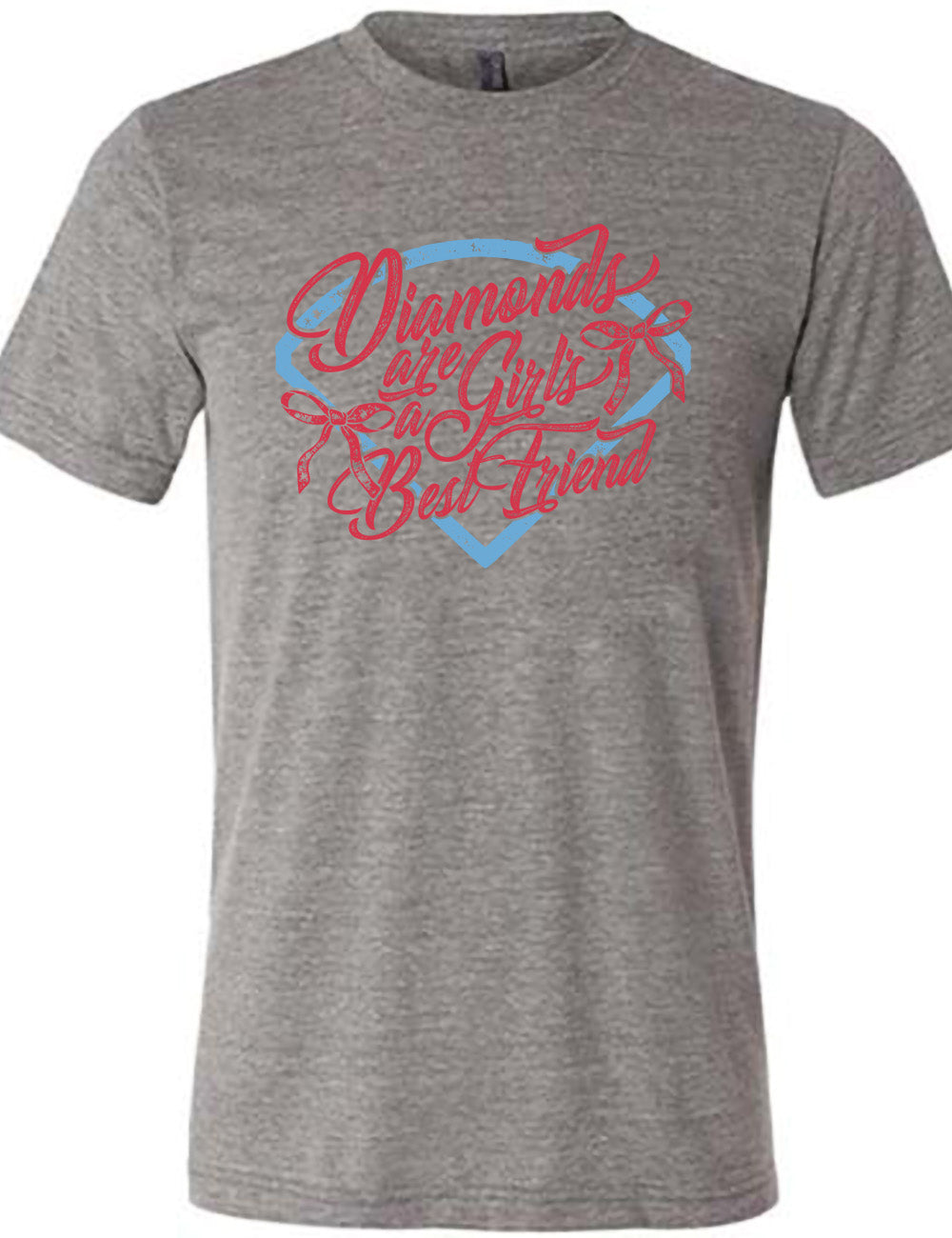 grey unisex tee with the words "diamonds are a girl's best friend" on it, with two bows, all in front of a baseball diamond