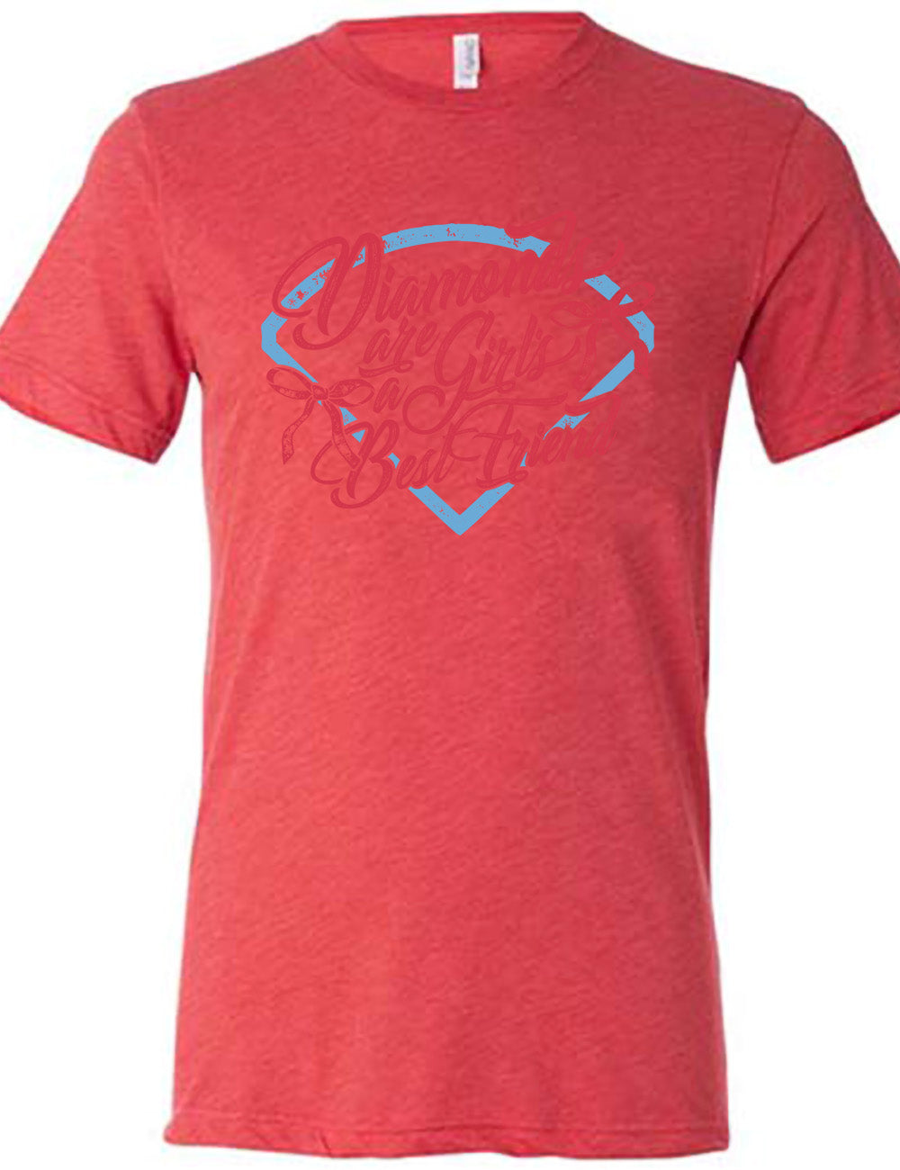 red unisex tee with the words "diamonds are a girl's best friend" on it, with two bows, all in front of a baseball diamond