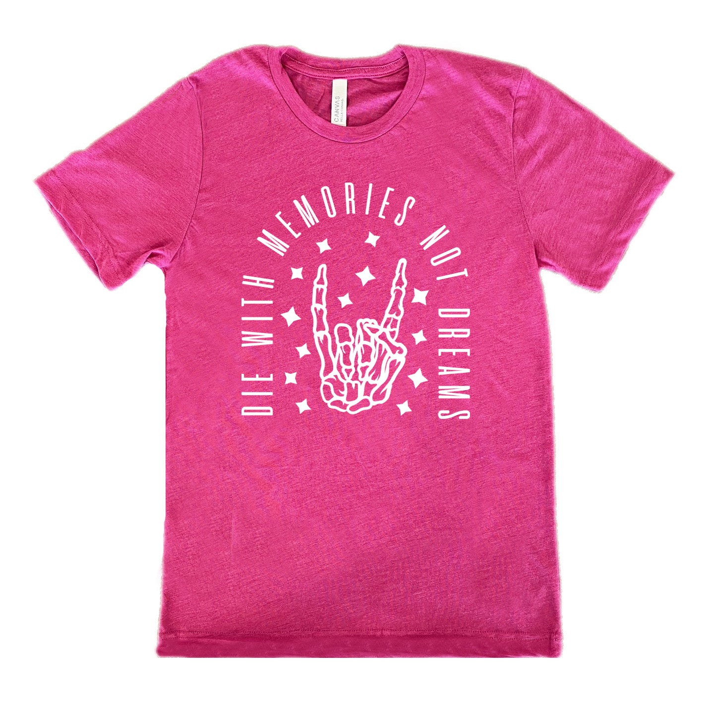 berry unisex tee with the graphic of a rocker skeleton hand, surrounded by little stars as well as an archway of text saying "die with memories not dreams"