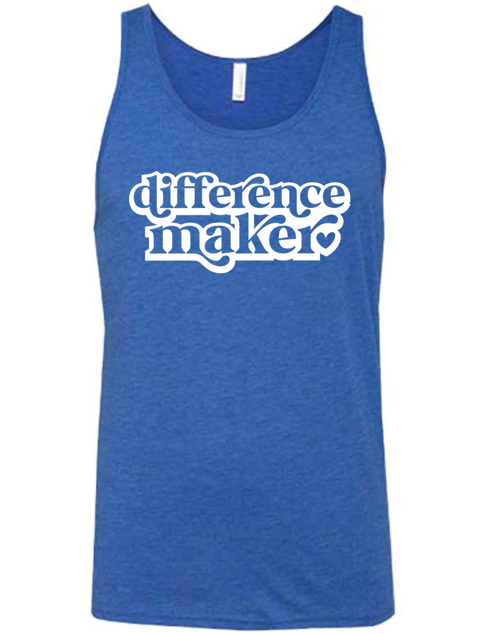 blue unisex tank with the words "difference maker" followed by a single heart on it