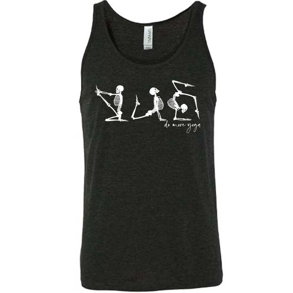 black unisex tank with three skeleton graphics doing yoga, with the small words underneath saying "do more yoga"