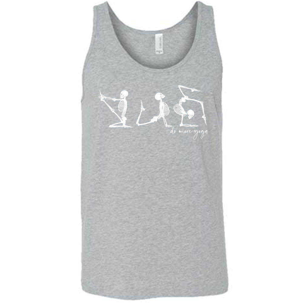 grey unisex tank with three skeleton graphics doing yoga, with the small words underneath saying "do more yoga"