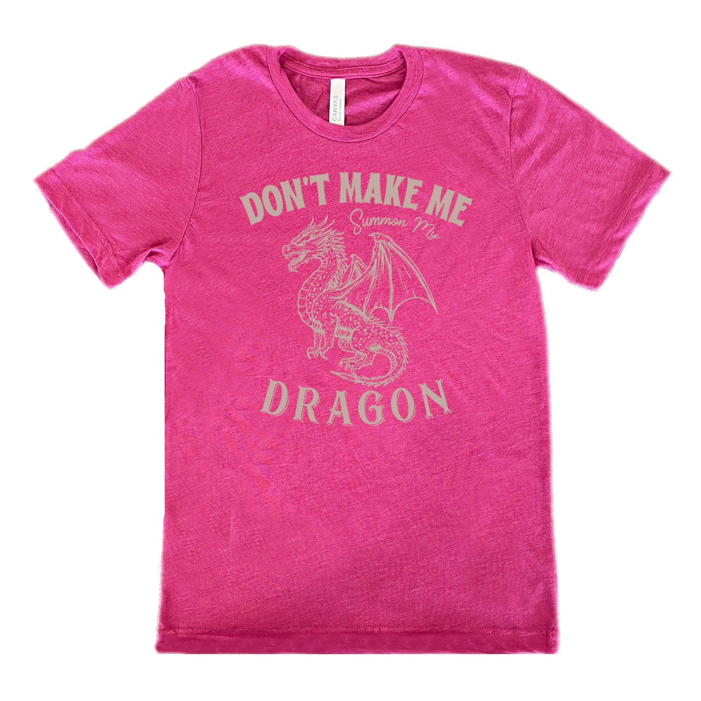 berry unisex tee with the words "don't make me summon my dragon" on it, surrounding the graphic of a fierce-looking dragon