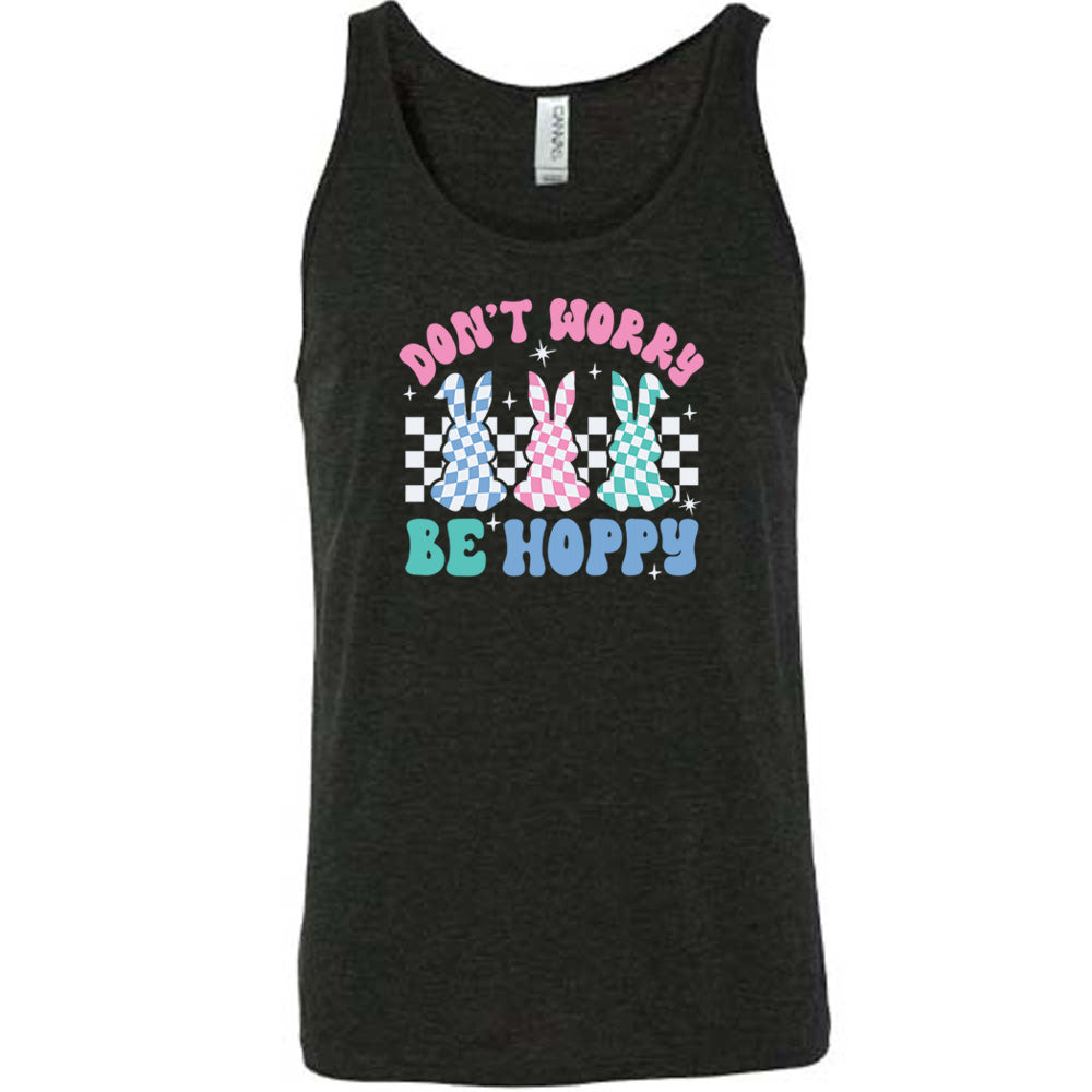 Black colored tank with a checkered bunny graphic on it that says "Don't Worry Be Hoppy"