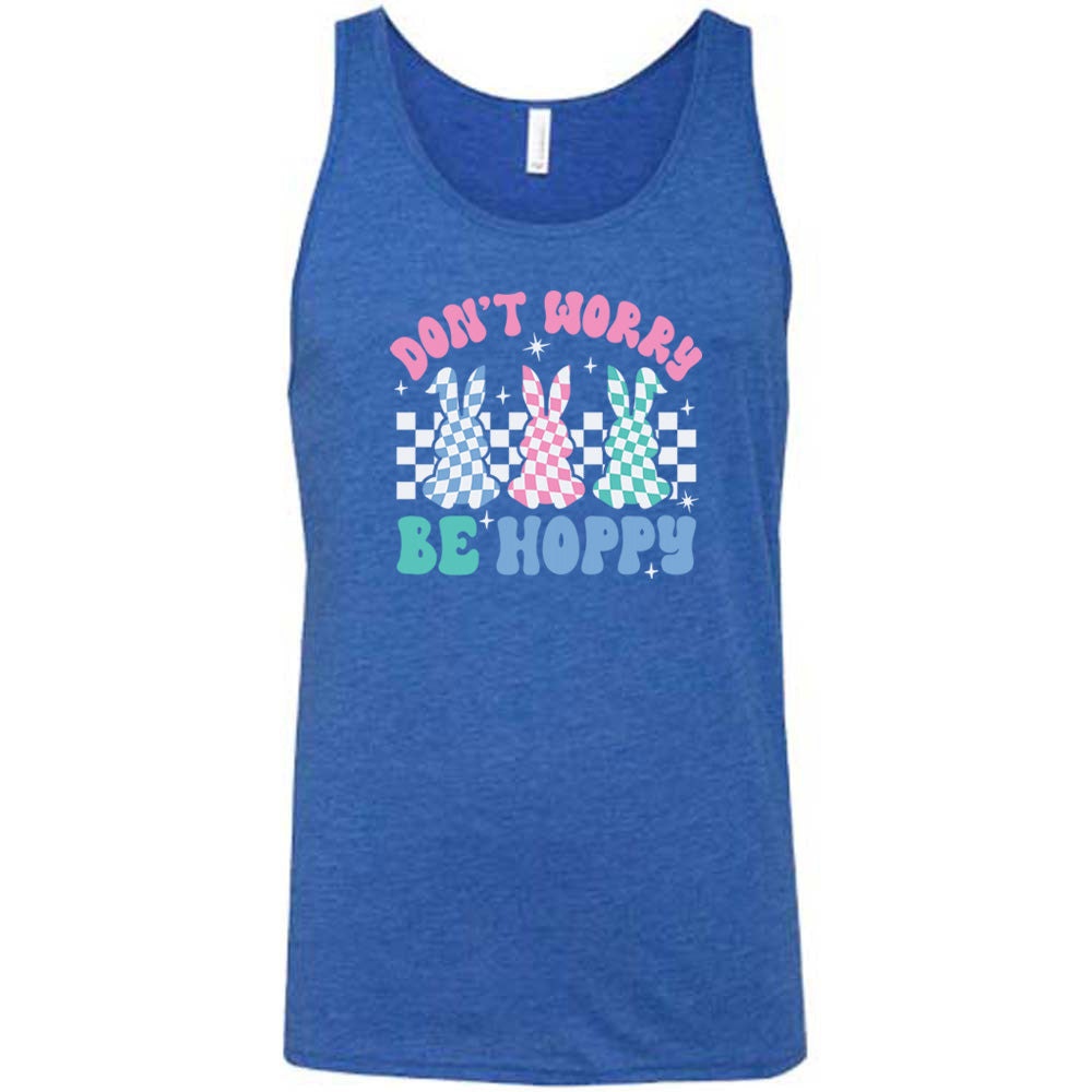 Blue colored tank with a checkered bunny graphic on it that says "Don't Worry Be Hoppy"