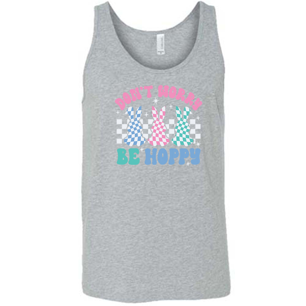 Grey colored tank with a checkered bunny graphic on it that says "Don't Worry Be Hoppy"
