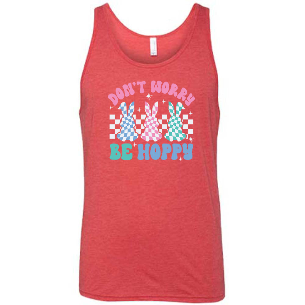 Red colored tank with a checkered bunny graphic on it that says "Don't Worry Be Hoppy"