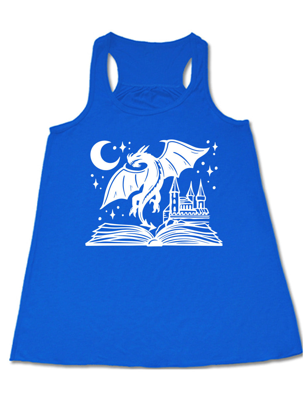 blue flowy racerback tank with the graphic of dragon flying out of an open book into a night sky of stars and crescent moon, with a castle also rising out of the book
