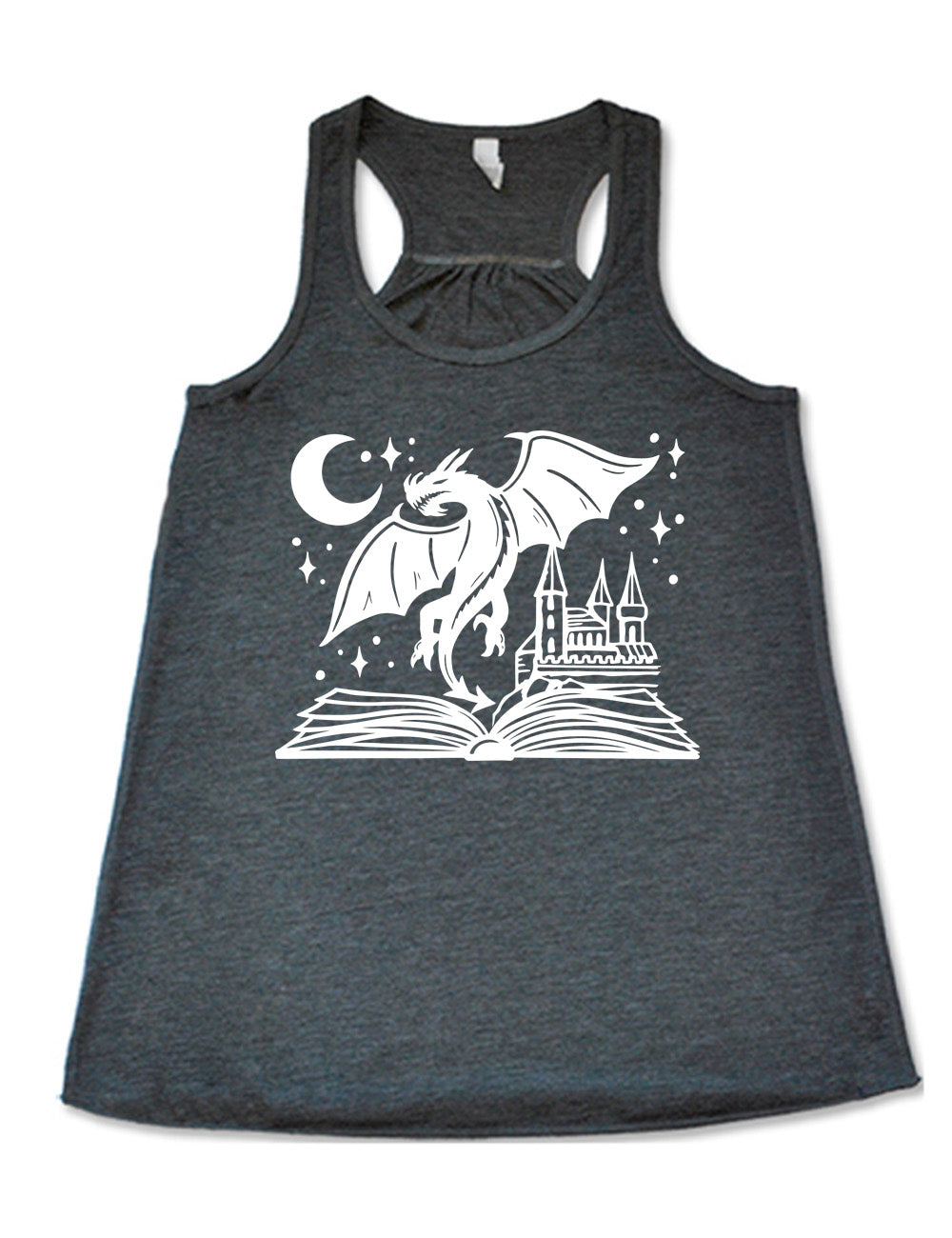 grey flowy racerback tank with the graphic of dragon flying out of an open book into a night sky of stars and crescent moon, with a castle also rising out of the book