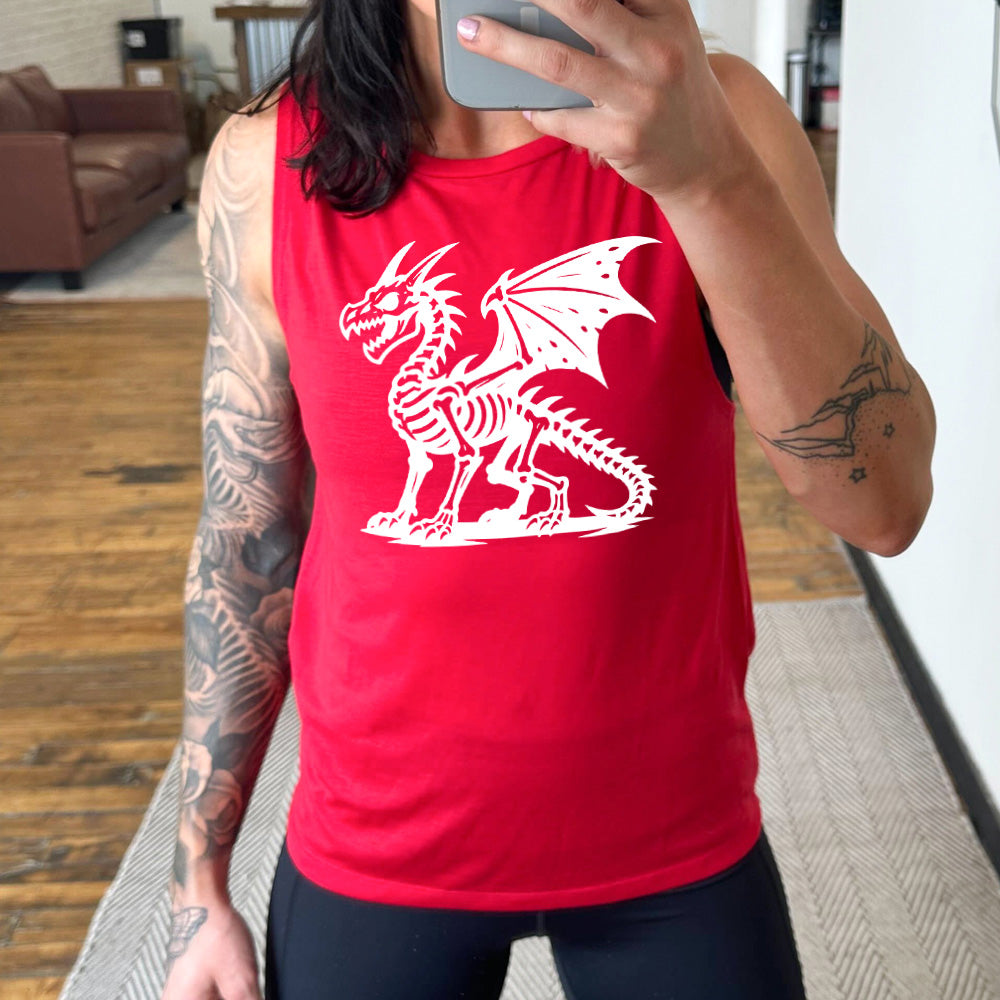 red muscle tank with the large graphic of a dragon, and its body is its skeleton