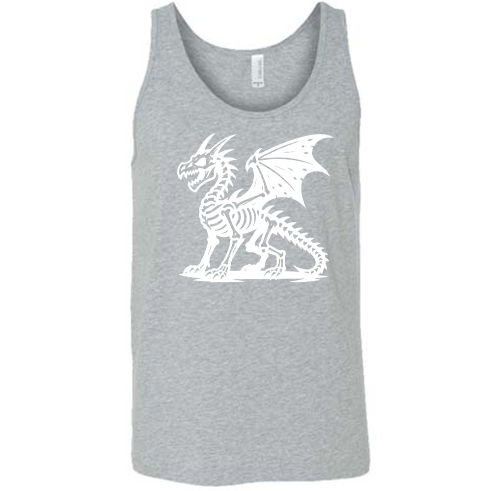 grey unisex tank with the large graphic of a dragon, and its body is its skeleton
